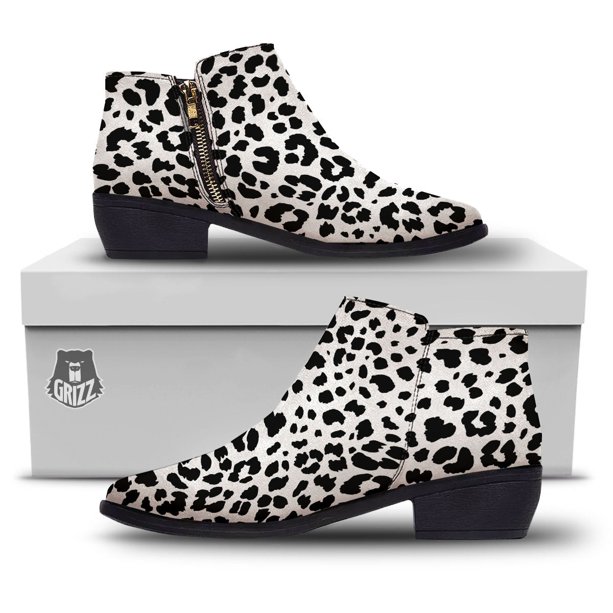 Jaguar White And Black Print Pattern Ankle Boots-grizzshop