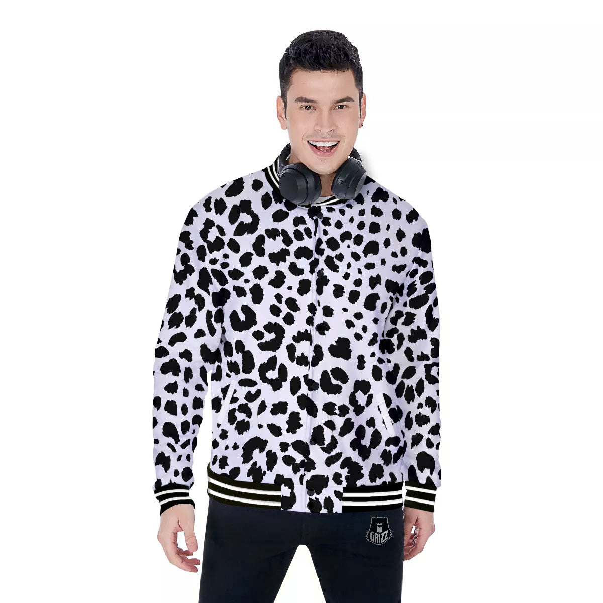 Jaguar White And Black Print Pattern Baseball Jacket-grizzshop