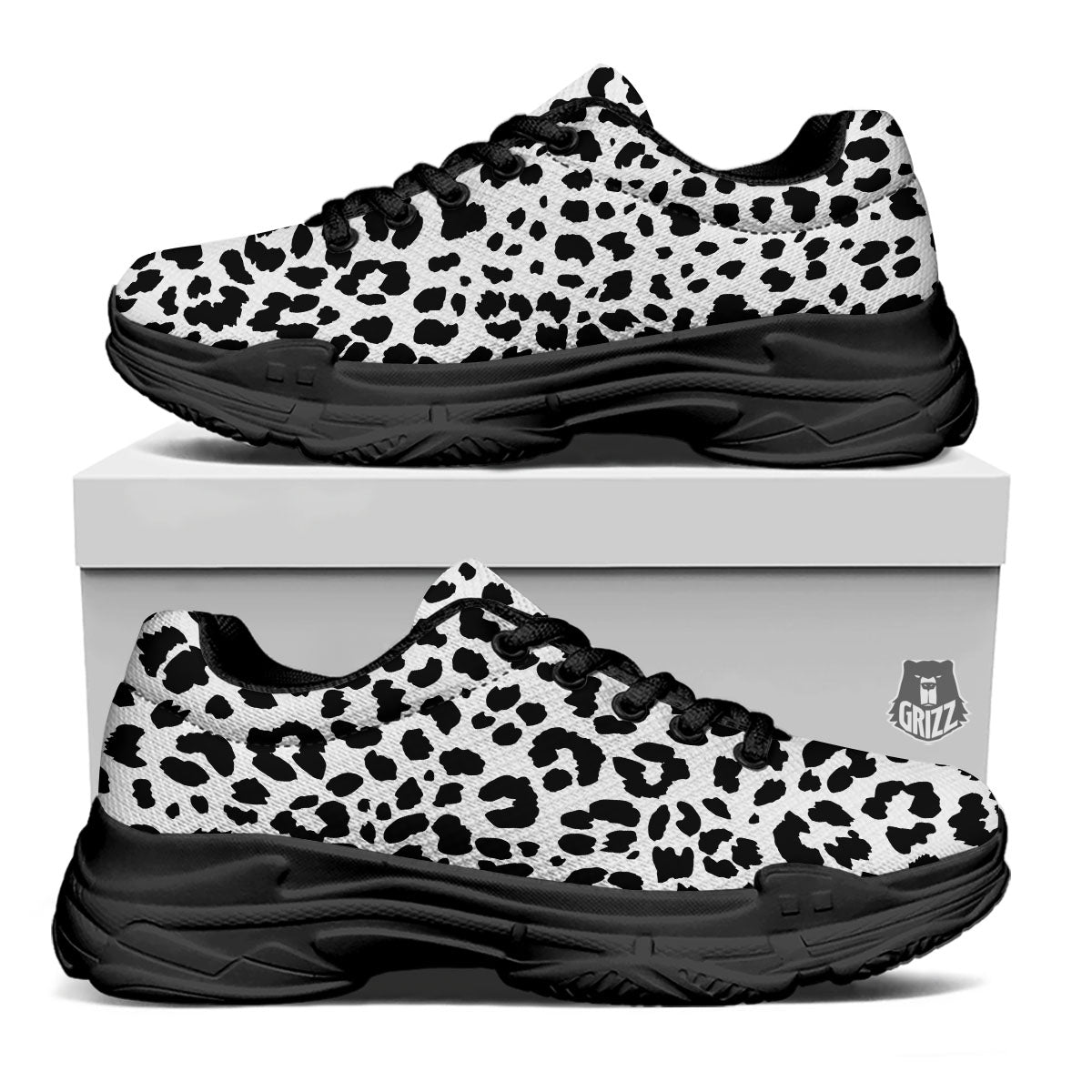 Jaguar White And Black Print Pattern Black Chunky Shoes-grizzshop