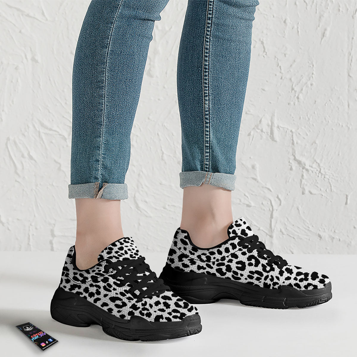 Jaguar White And Black Print Pattern Black Chunky Shoes-grizzshop