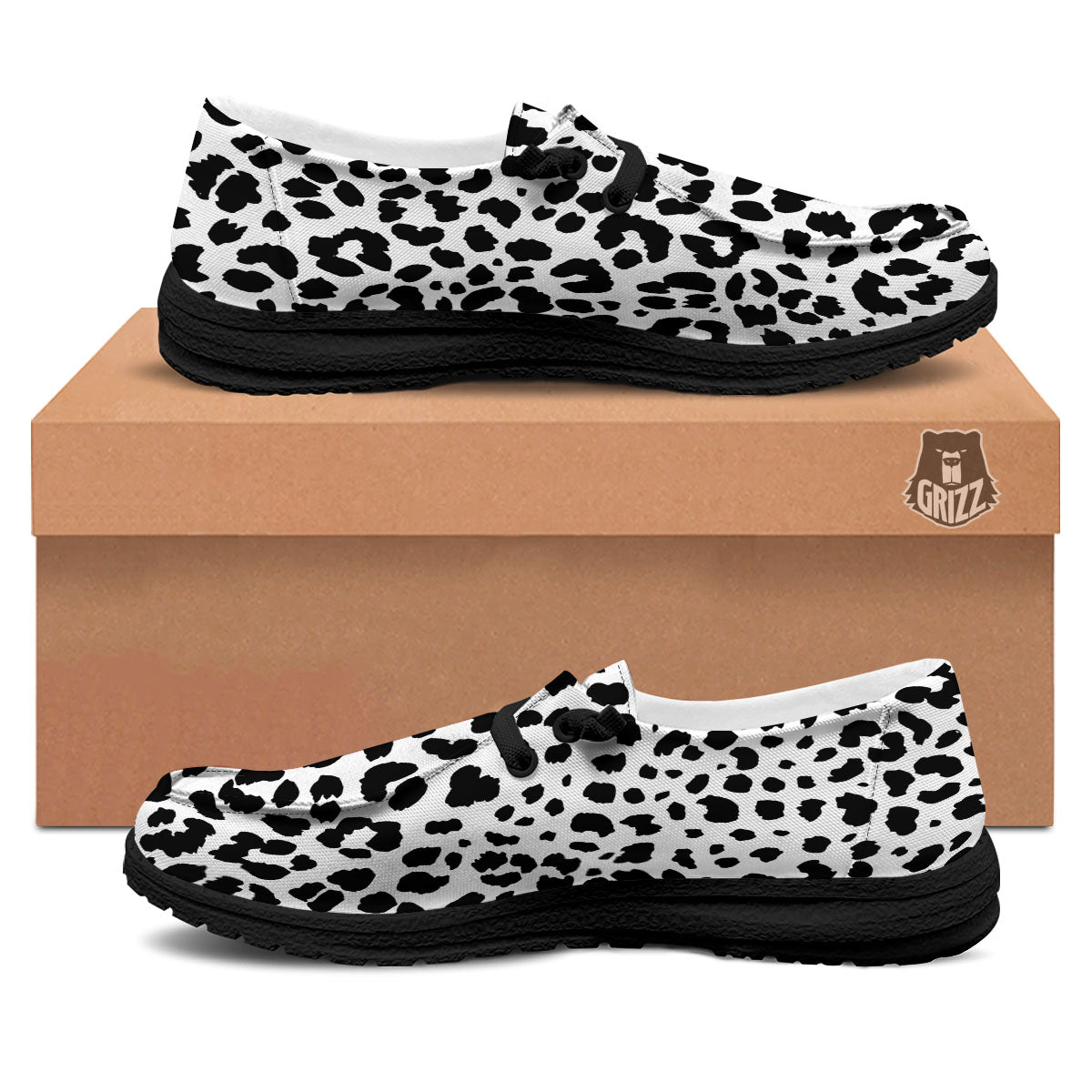 Jaguar White And Black Print Pattern Black Loafers-grizzshop
