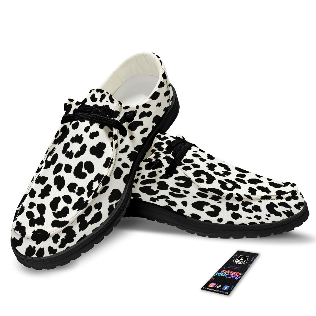Jaguar White And Black Print Pattern Black Loafers-grizzshop