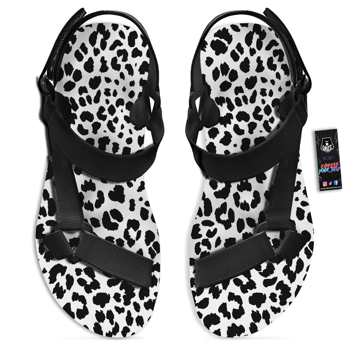 Jaguar White And Black Print Pattern Black Open Toe Sandals-grizzshop