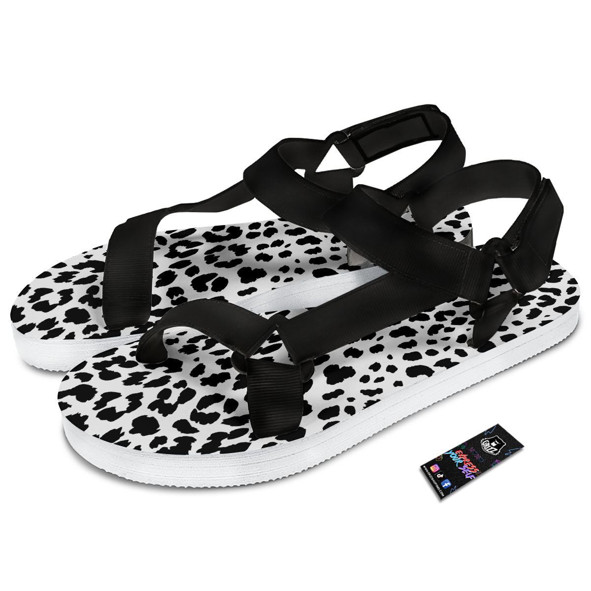 Jaguar White And Black Print Pattern Black Open Toe Sandals-grizzshop