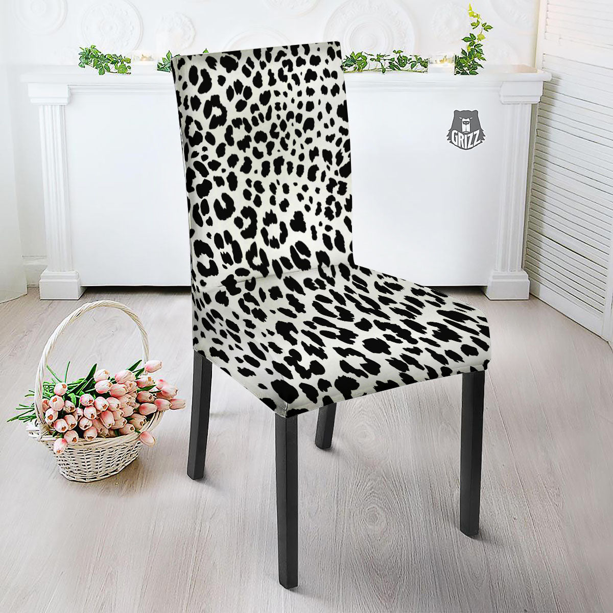 Jaguar White And Black Print Pattern Dining Chair Slipcover-grizzshop