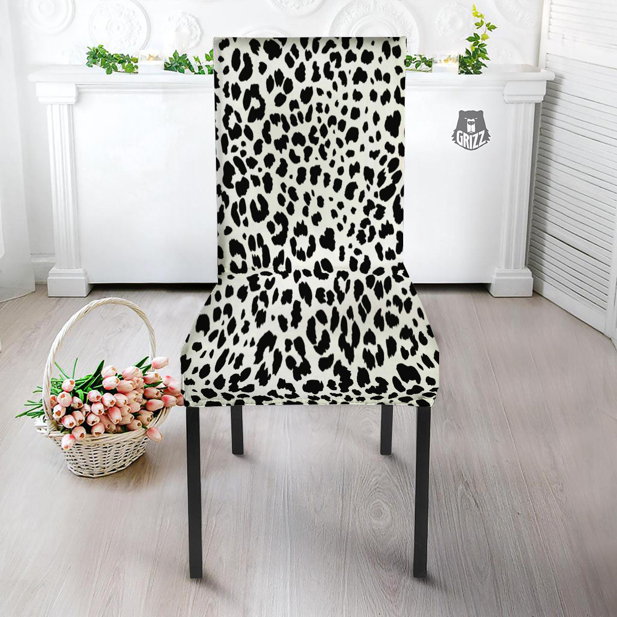 Jaguar White And Black Print Pattern Dining Chair Slipcover-grizzshop