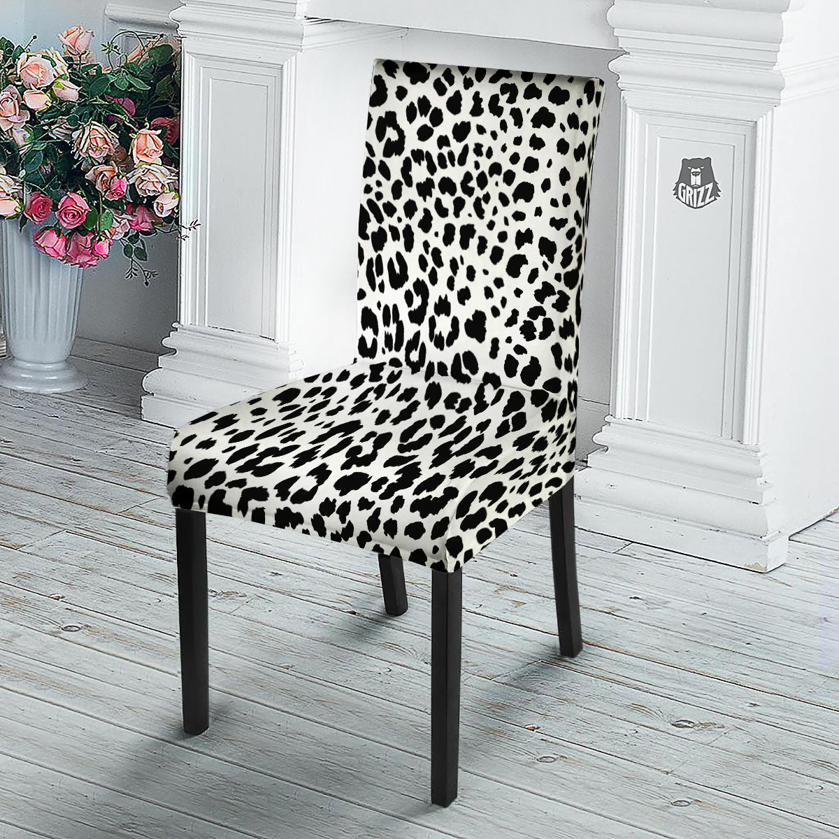 Jaguar White And Black Print Pattern Dining Chair Slipcover-grizzshop