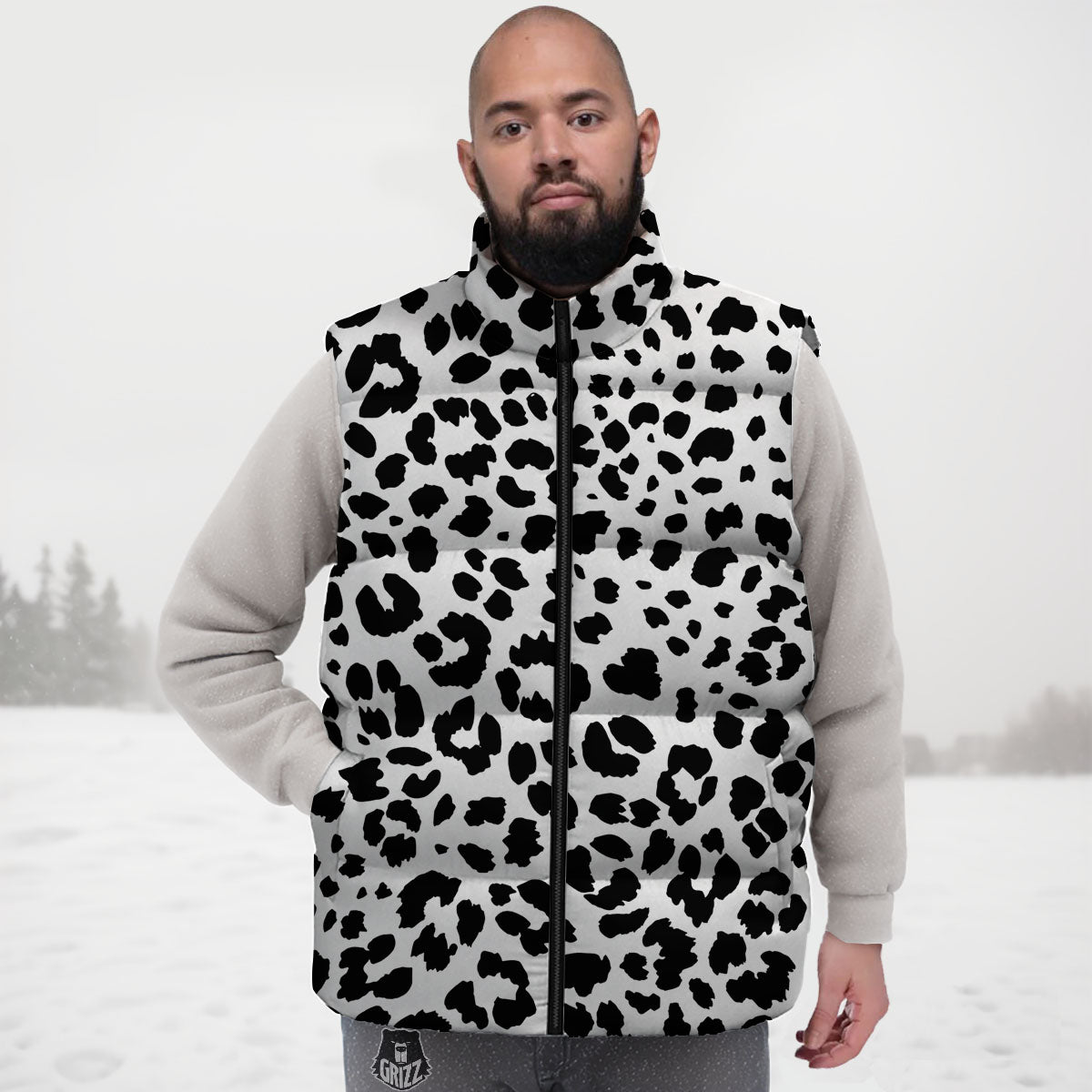Jaguar White And Black Print Pattern Down Vest