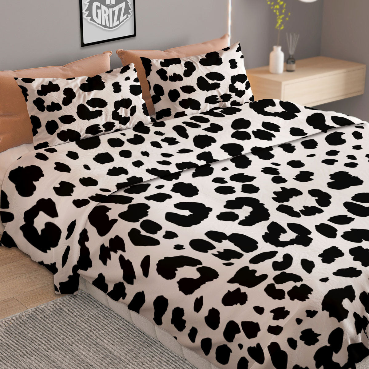 Jaguar White And Black Print Pattern Duvet Cover Bedding Set