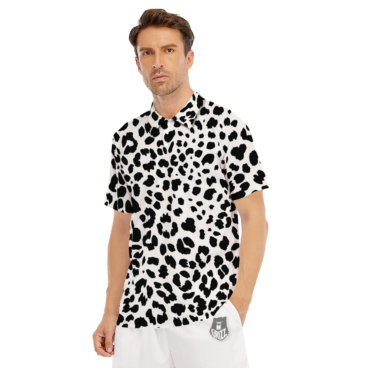 Jaguar White And Black Print Pattern Men's Golf Shirts-grizzshop