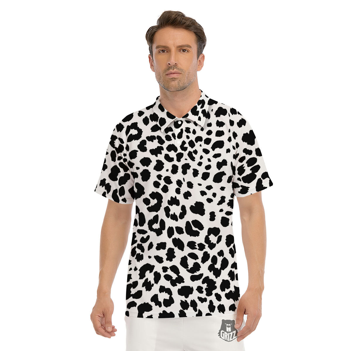 Jaguar White And Black Print Pattern Men's Golf Shirts-grizzshop