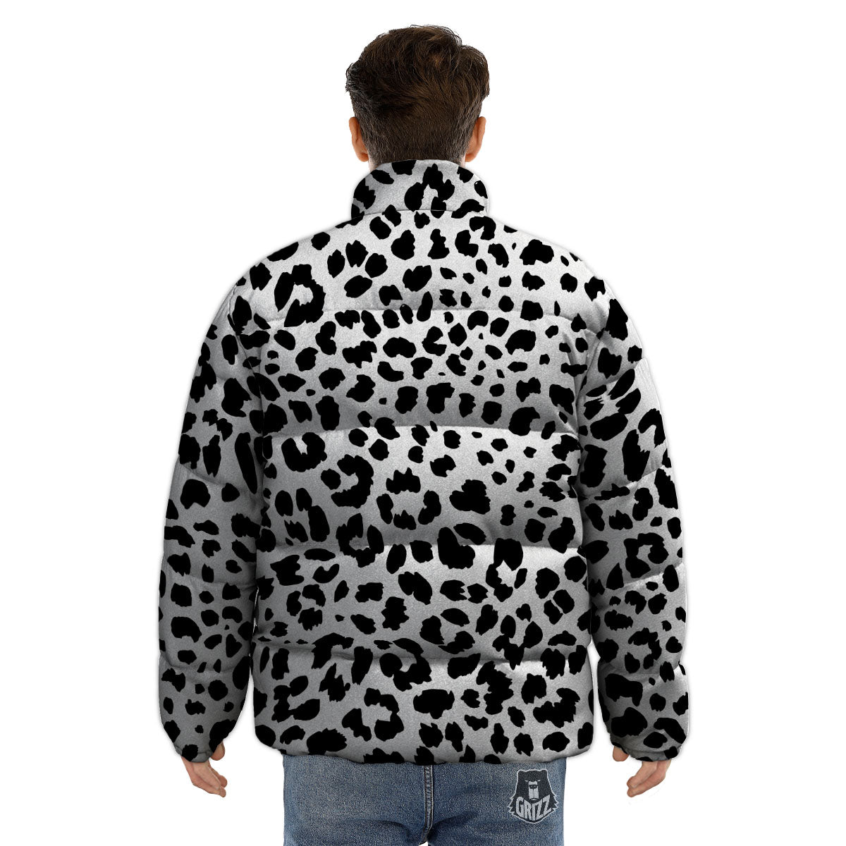 Jaguar White And Black Print Pattern Puffer Jacket-grizzshop