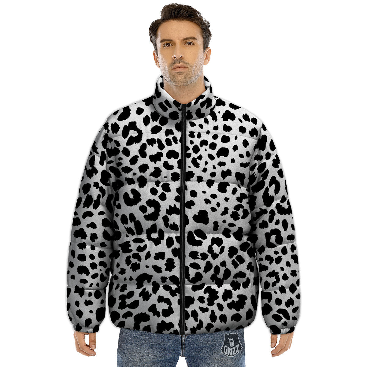 Jaguar White And Black Print Pattern Puffer Jacket-grizzshop