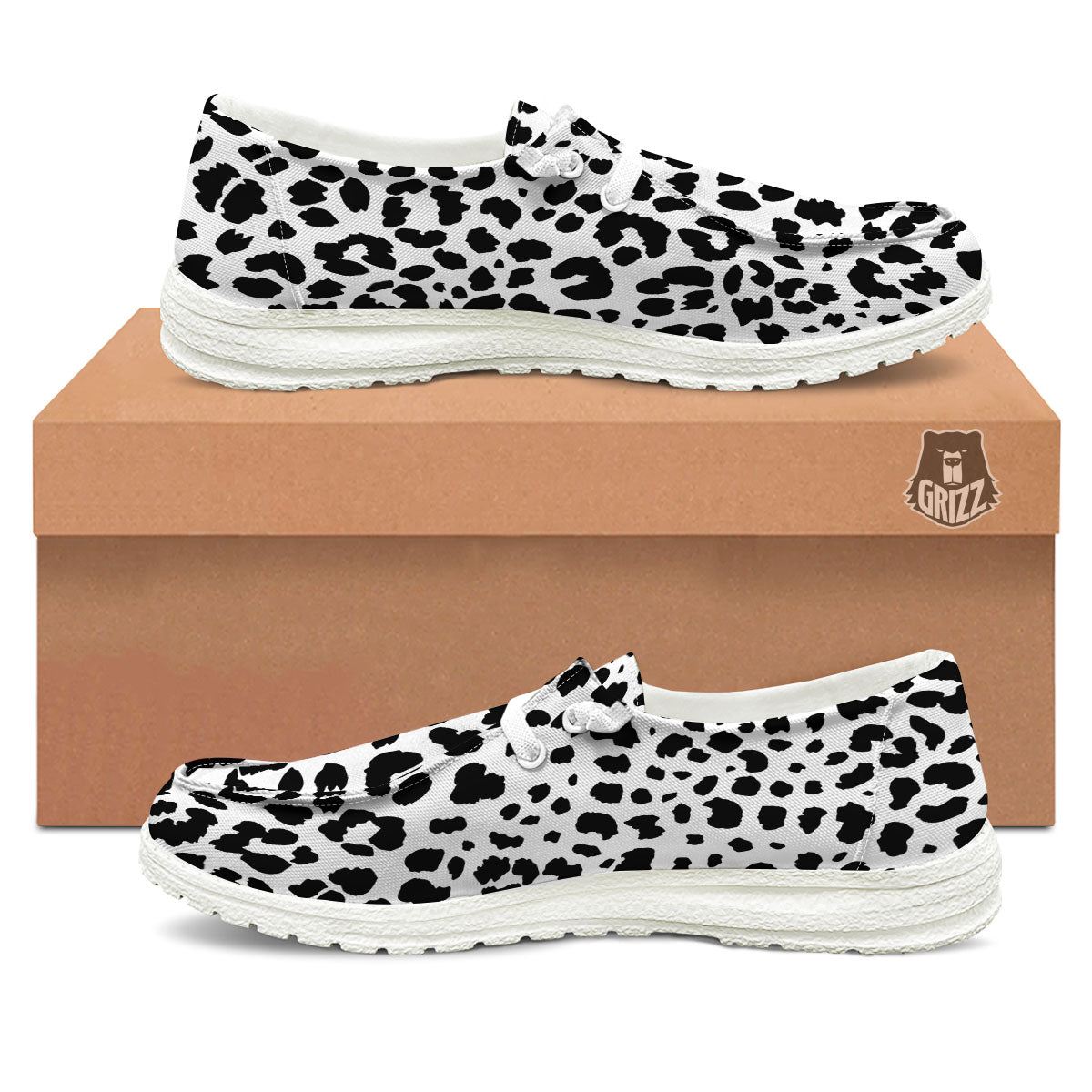 Jaguar White And Black Print Pattern White Loafers-grizzshop