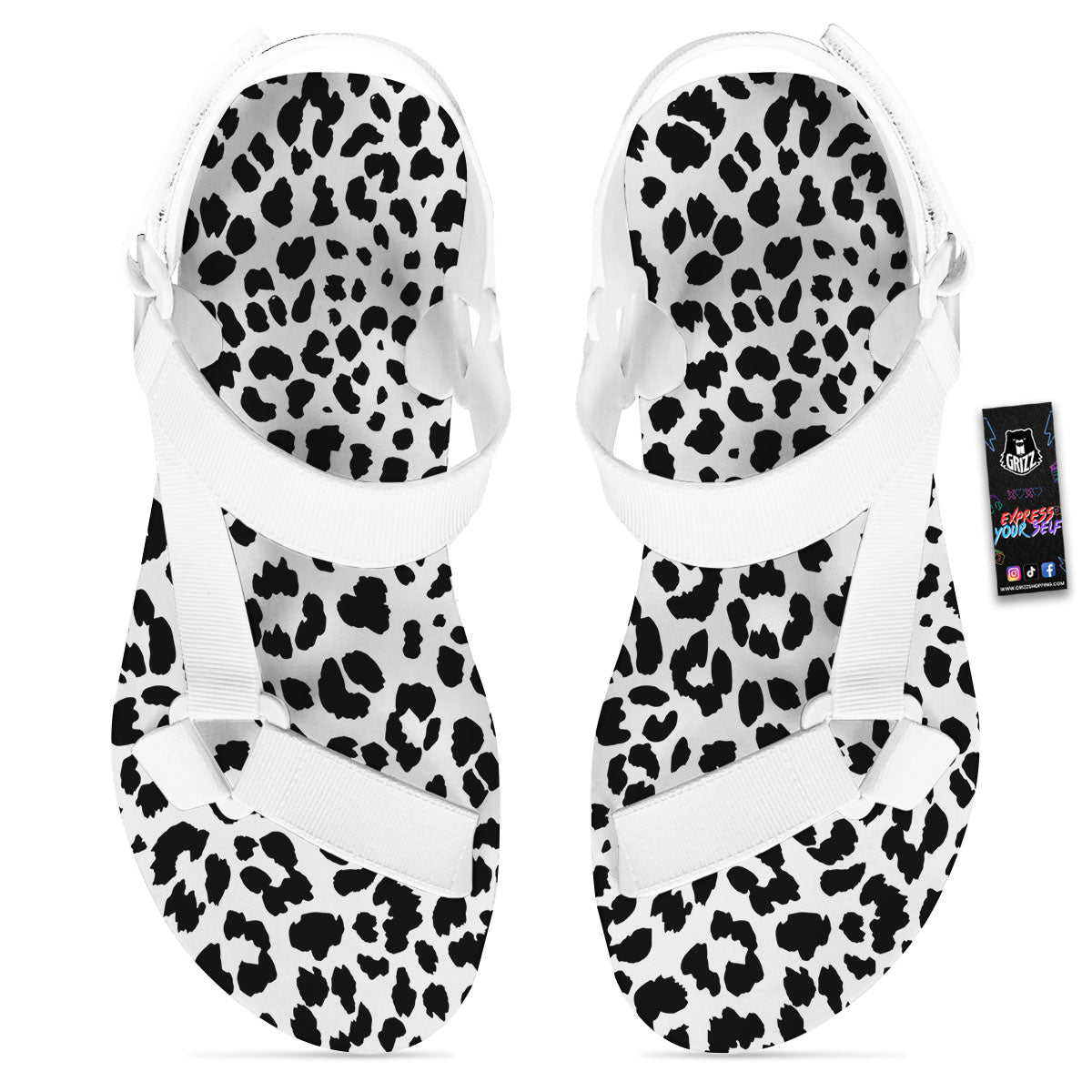Jaguar White And Black Print Pattern White Open Toe Sandals-grizzshop