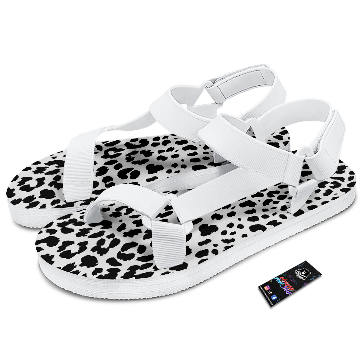 Jaguar White And Black Print Pattern White Open Toe Sandals-grizzshop