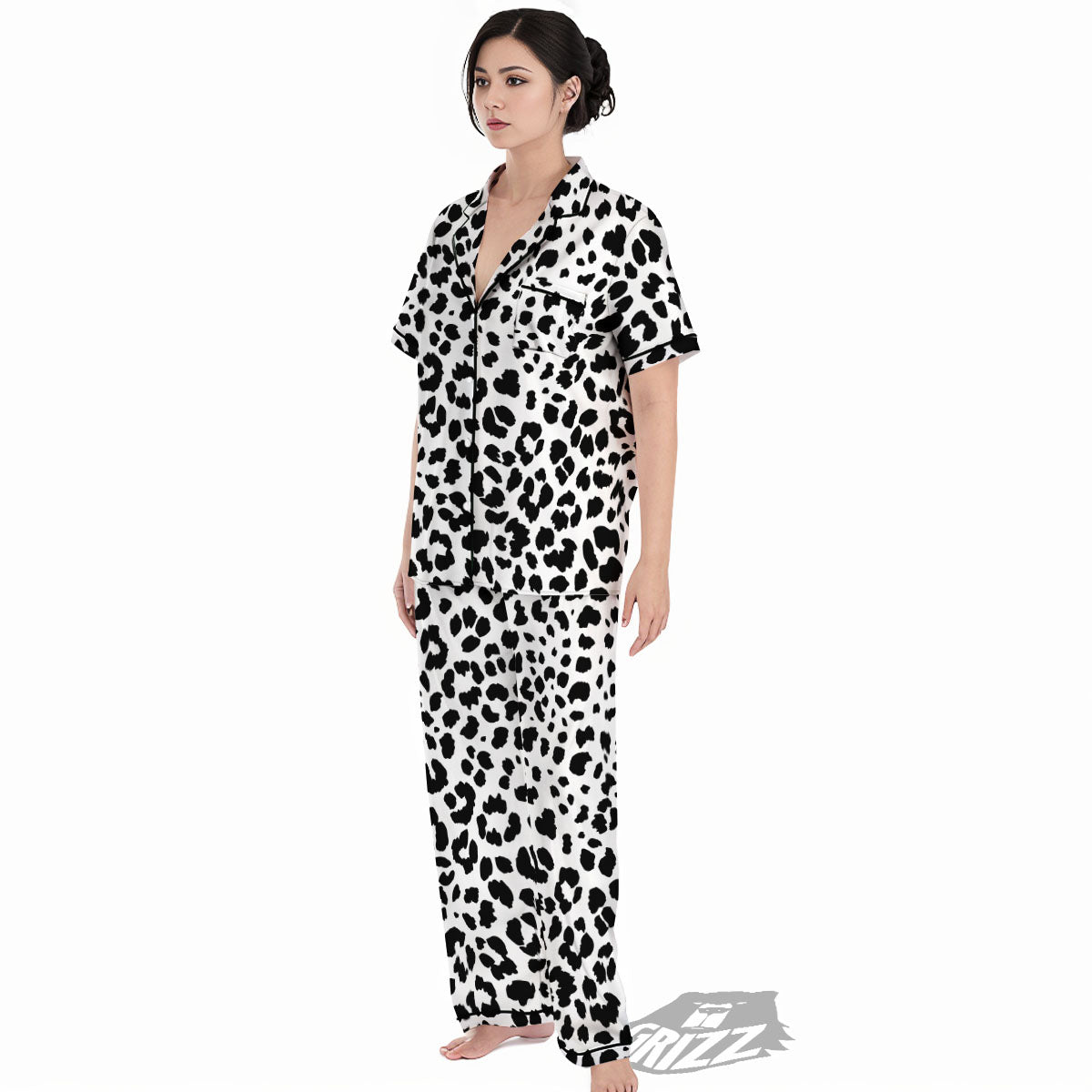 Jaguar White And Black Print Pattern Women's Pajamas Set-grizzshop