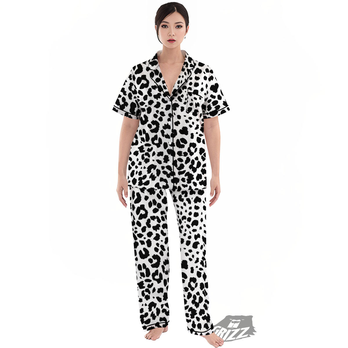Jaguar White And Black Print Pattern Women's Pajamas Set-grizzshop