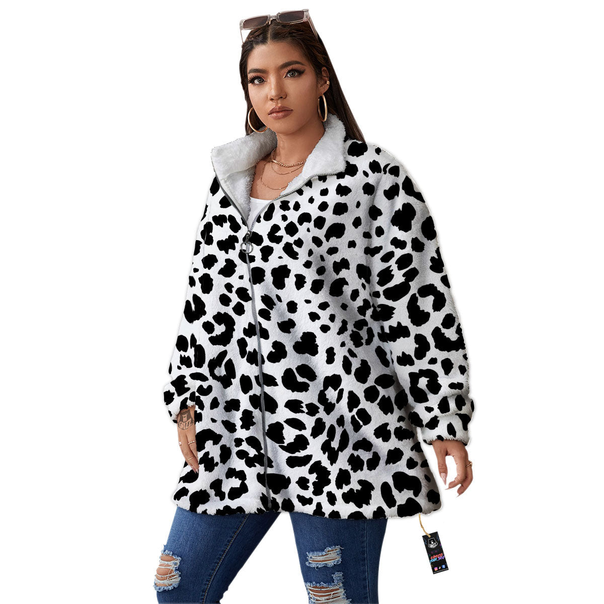 Jaguar White And Black Print Pattern Women's Sherpa Jacket-grizzshop
