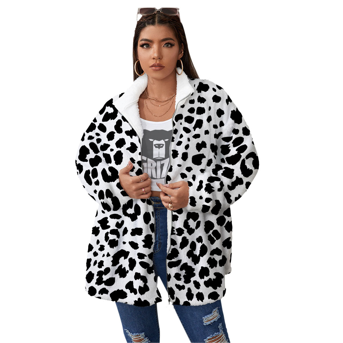 Jaguar White And Black Print Pattern Women's Sherpa Jacket-grizzshop