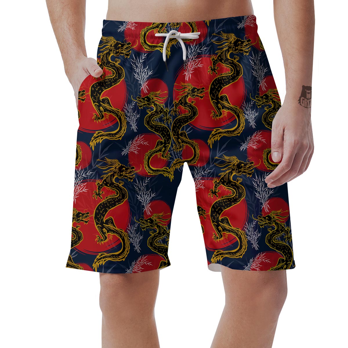 Janpanese Dragon Print Men's Shorts-grizzshop