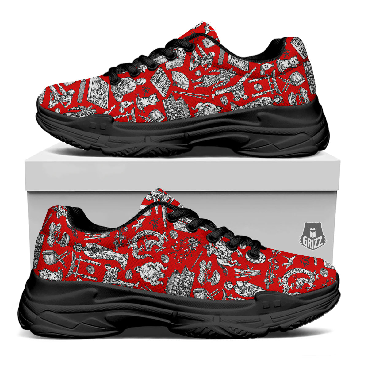 Japan History And Culture Print Pattern Black Chunky Shoes-grizzshop