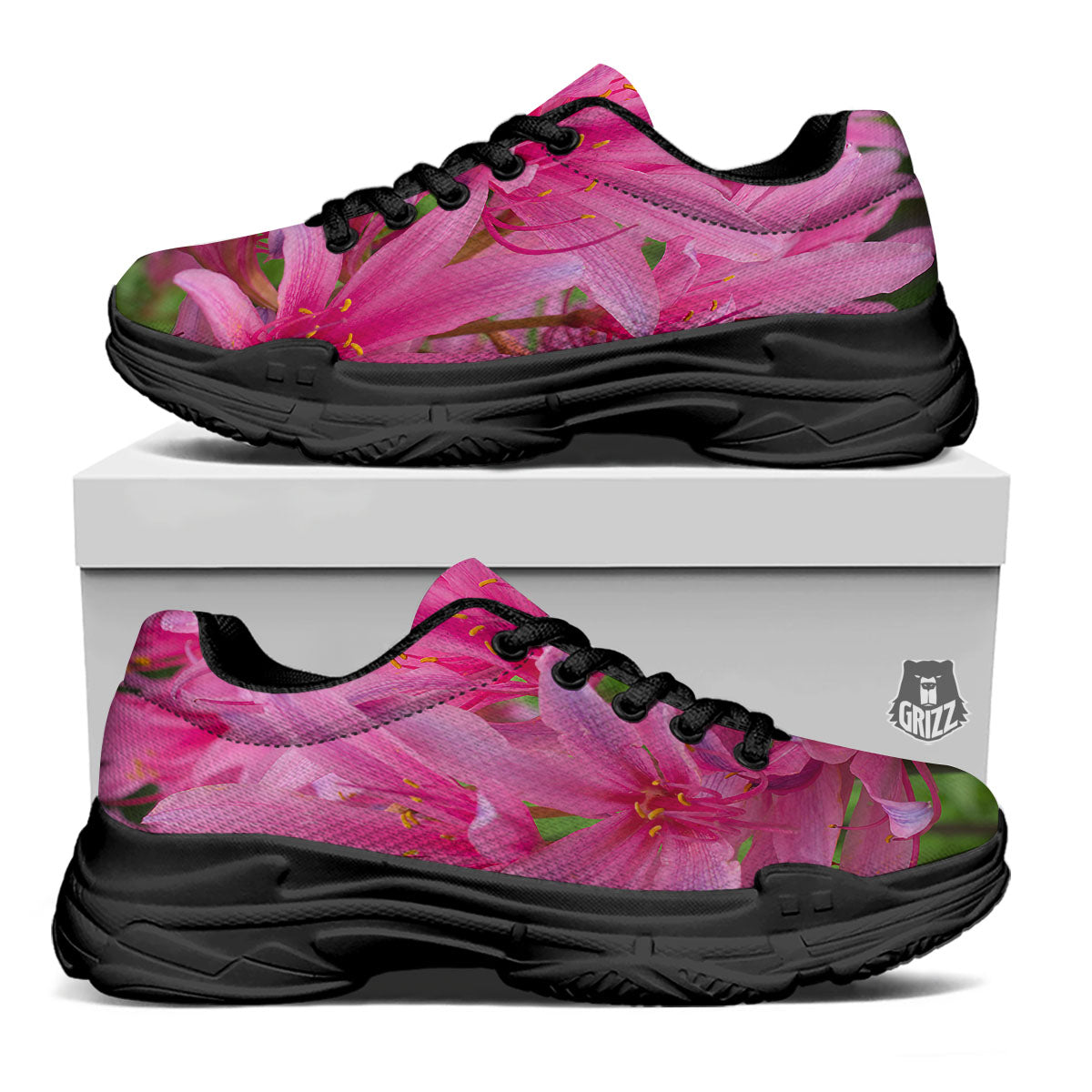 Japanese Amaryllis Purple And Pink Print Black Chunky Shoes-grizzshop