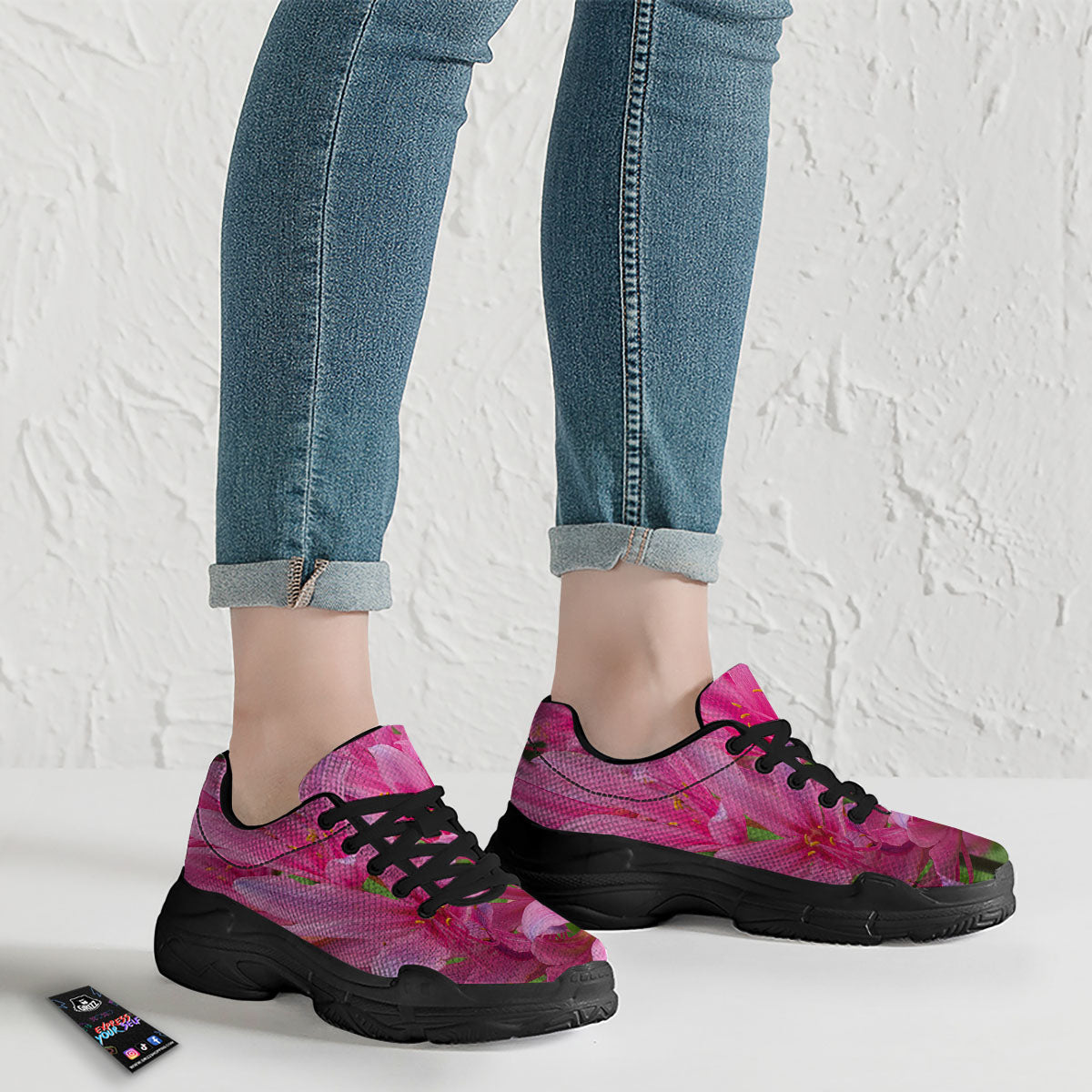 Japanese Amaryllis Purple And Pink Print Black Chunky Shoes-grizzshop