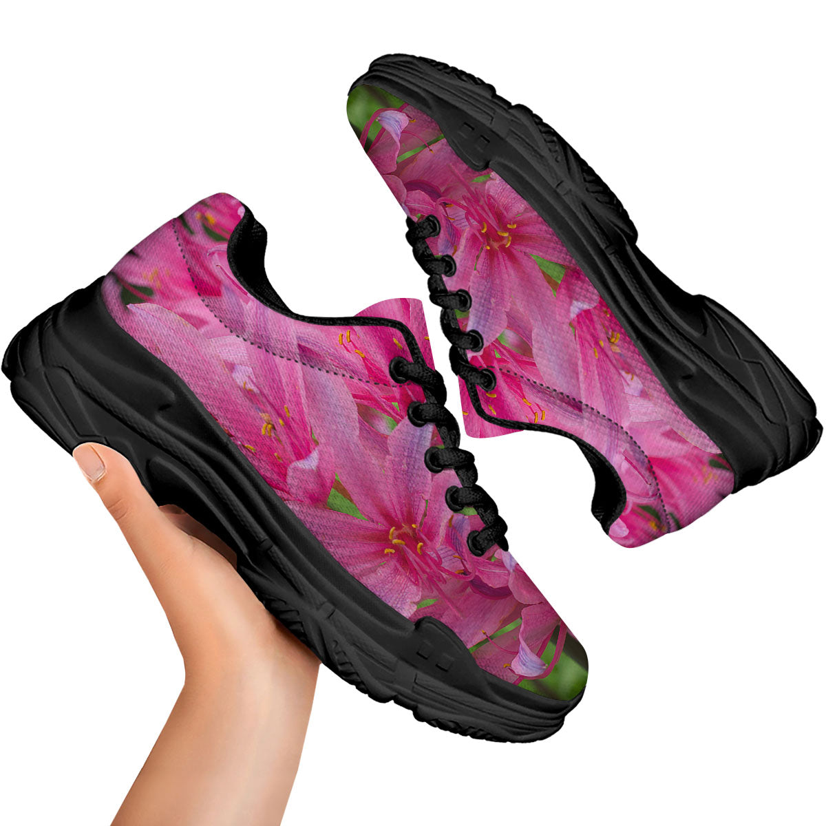 Japanese Amaryllis Purple And Pink Print Black Chunky Shoes-grizzshop