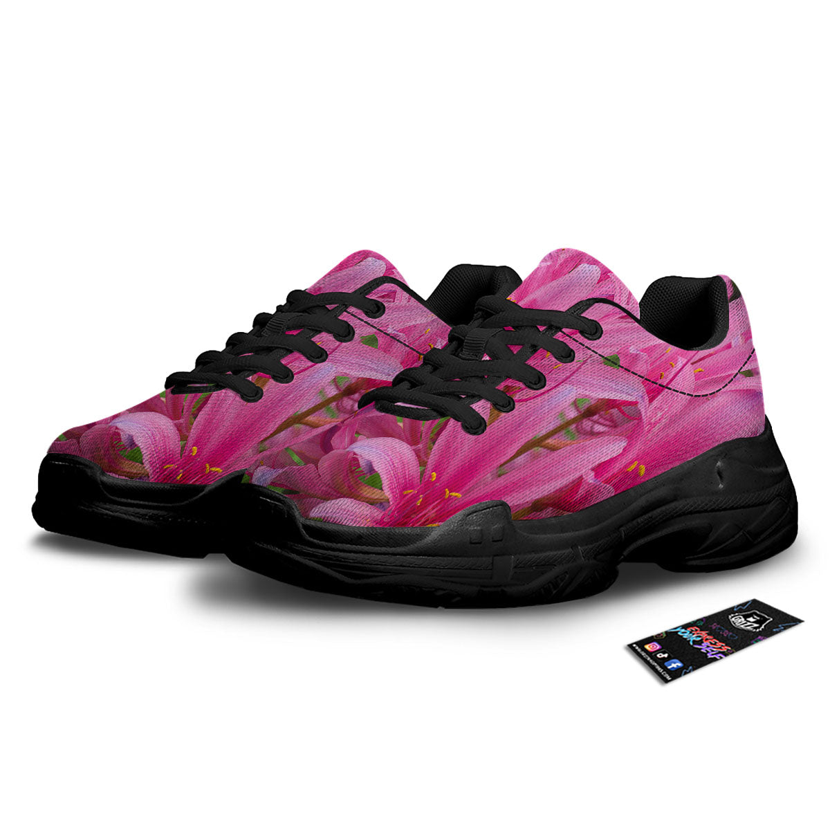 Japanese Amaryllis Purple And Pink Print Black Chunky Shoes-grizzshop