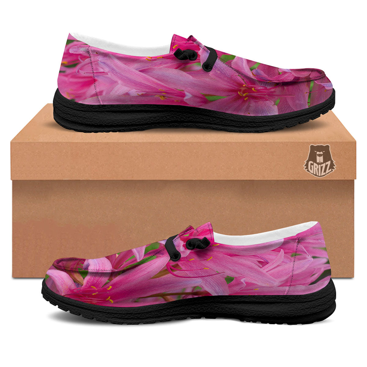 Japanese Amaryllis Purple And Pink Print Black Loafers-grizzshop