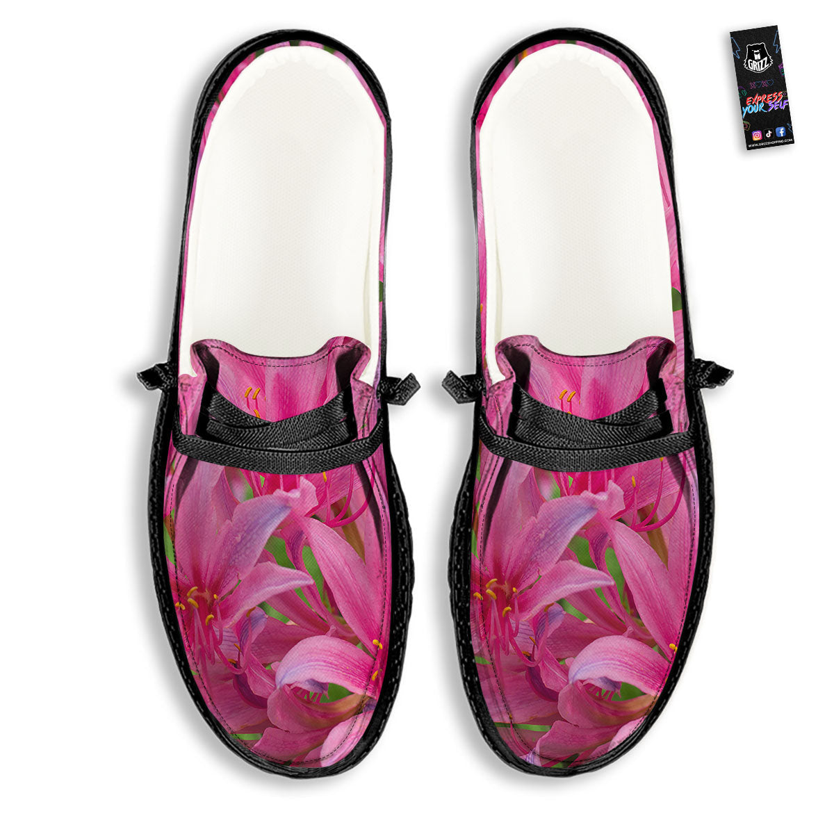 Japanese Amaryllis Purple And Pink Print Black Loafers-grizzshop