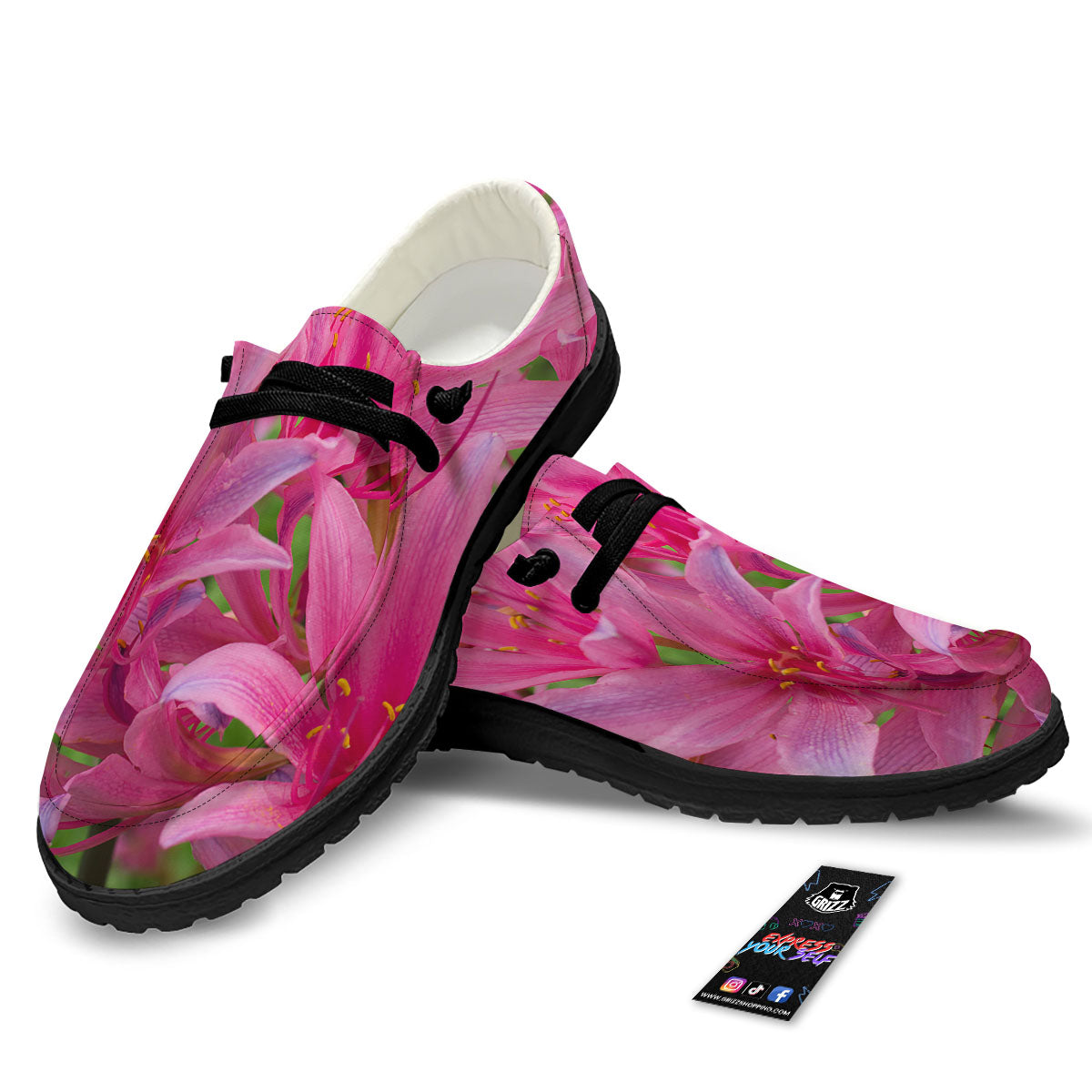 Japanese Amaryllis Purple And Pink Print Black Loafers-grizzshop