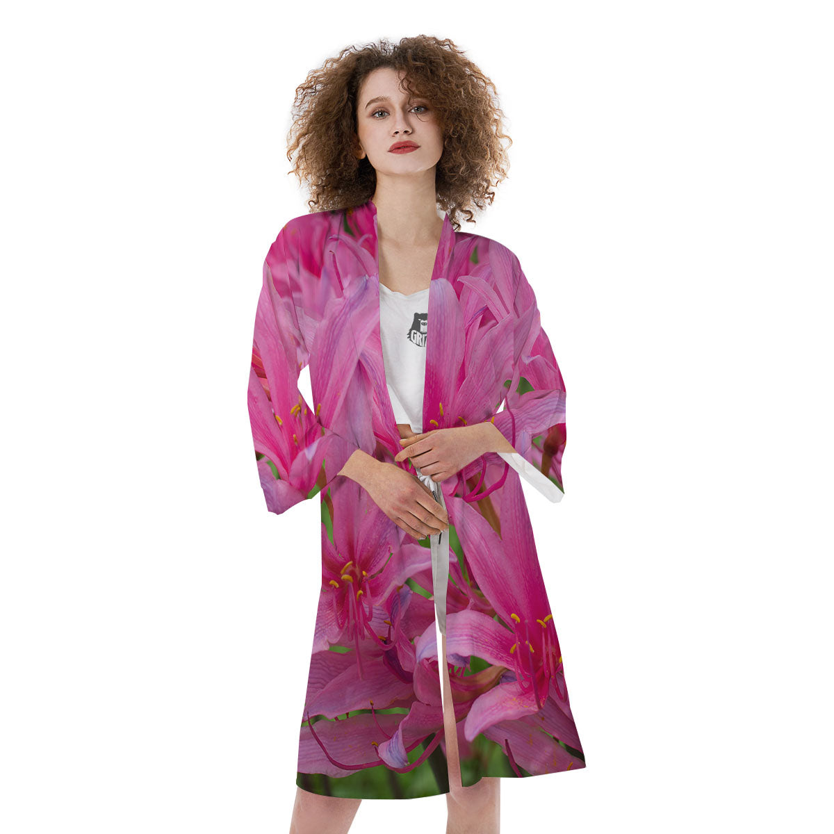 Japanese Amaryllis Purple And Pink Print Kimono-grizzshop