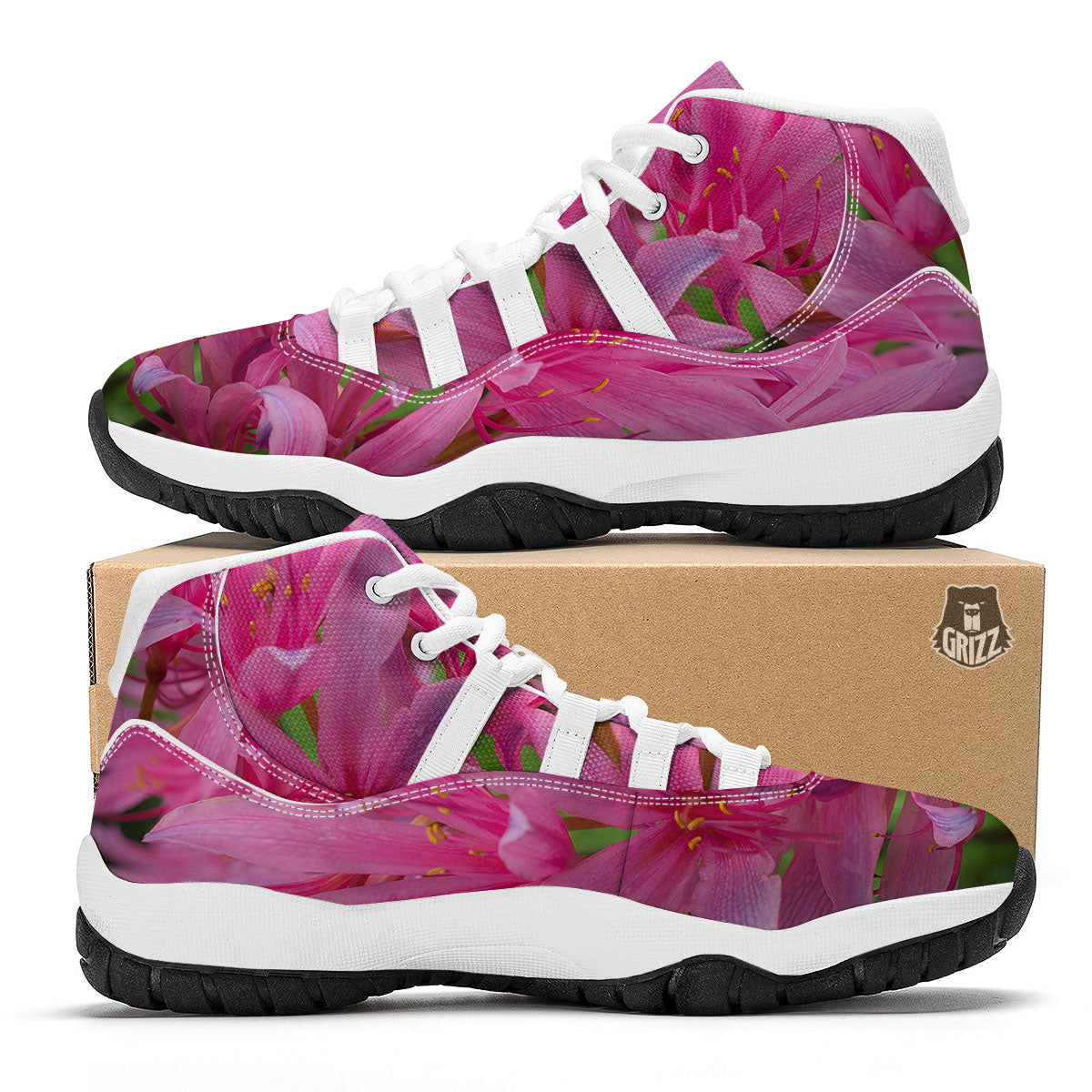 Japanese Amaryllis Purple And Pink Print White Bball Shoes-grizzshop