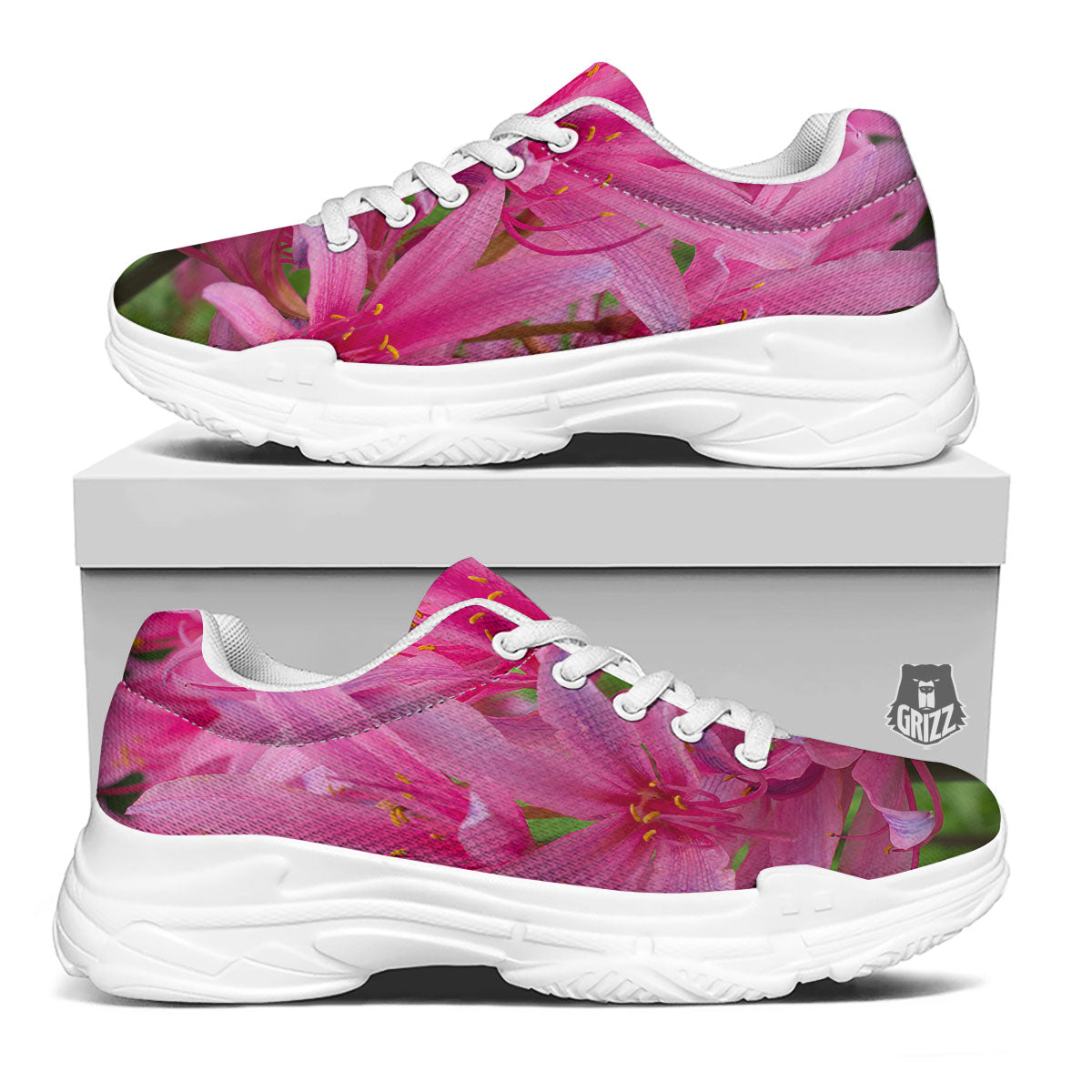 Japanese Amaryllis Purple And Pink Print White Chunky Shoes-grizzshop