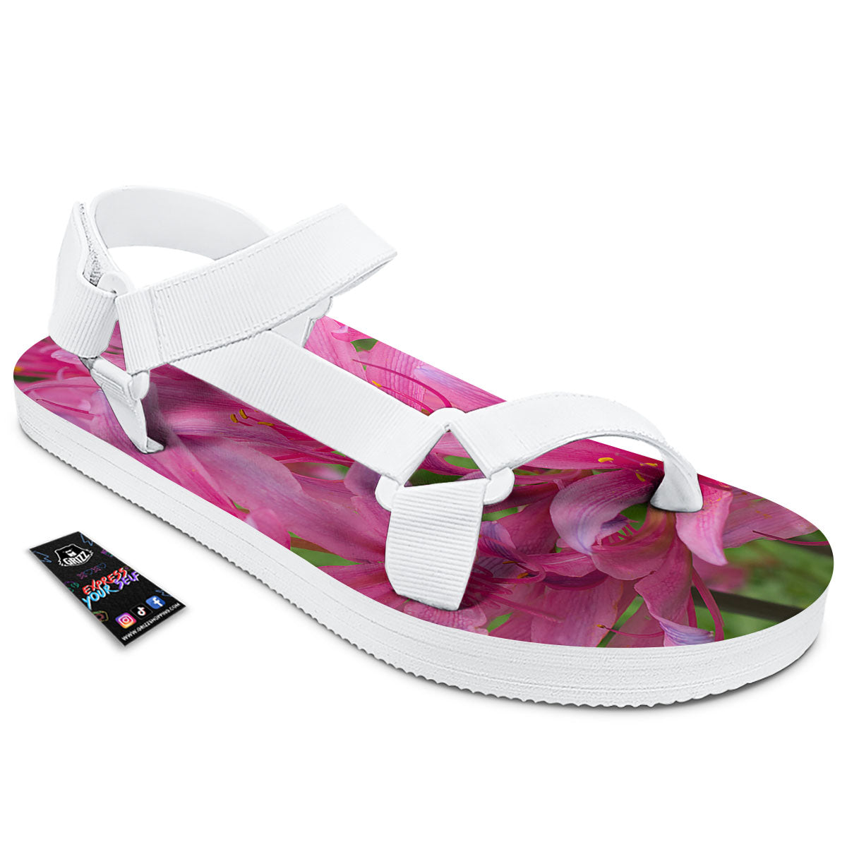 Japanese Amaryllis Purple And Pink Print White Open Toe Sandals-grizzshop