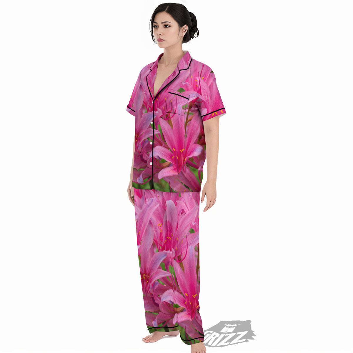 Japanese Amaryllis Purple And Pink Print Women's Pajamas Set-grizzshop