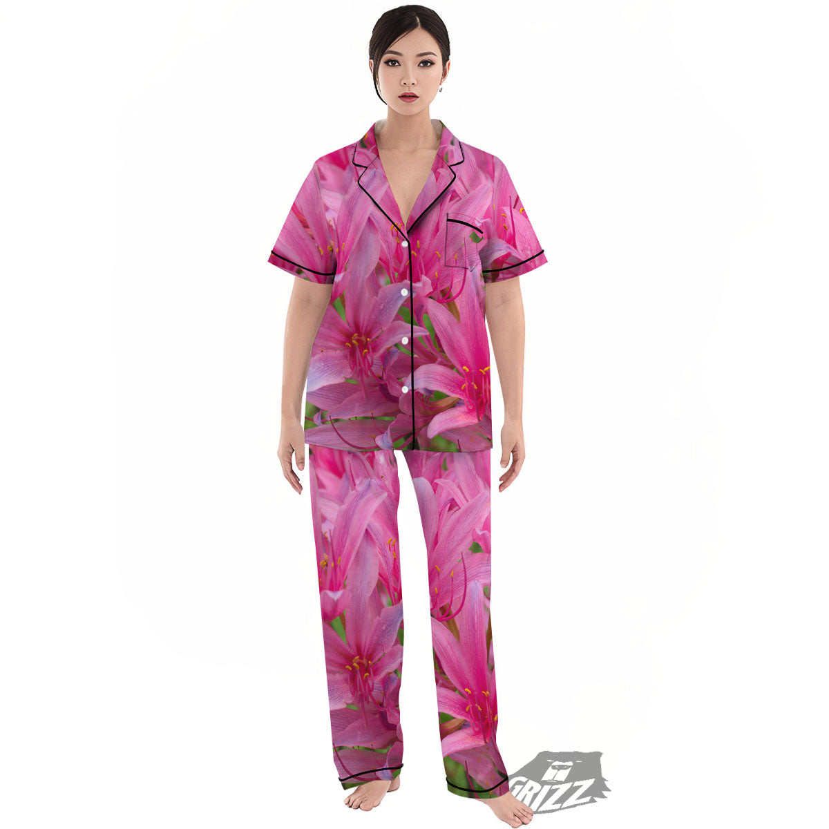 Japanese Amaryllis Purple And Pink Print Women's Pajamas Set-grizzshop