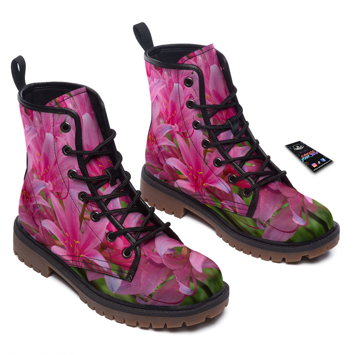 Japanese Amaryllis Purple And Pink Print Work Boots-grizzshop