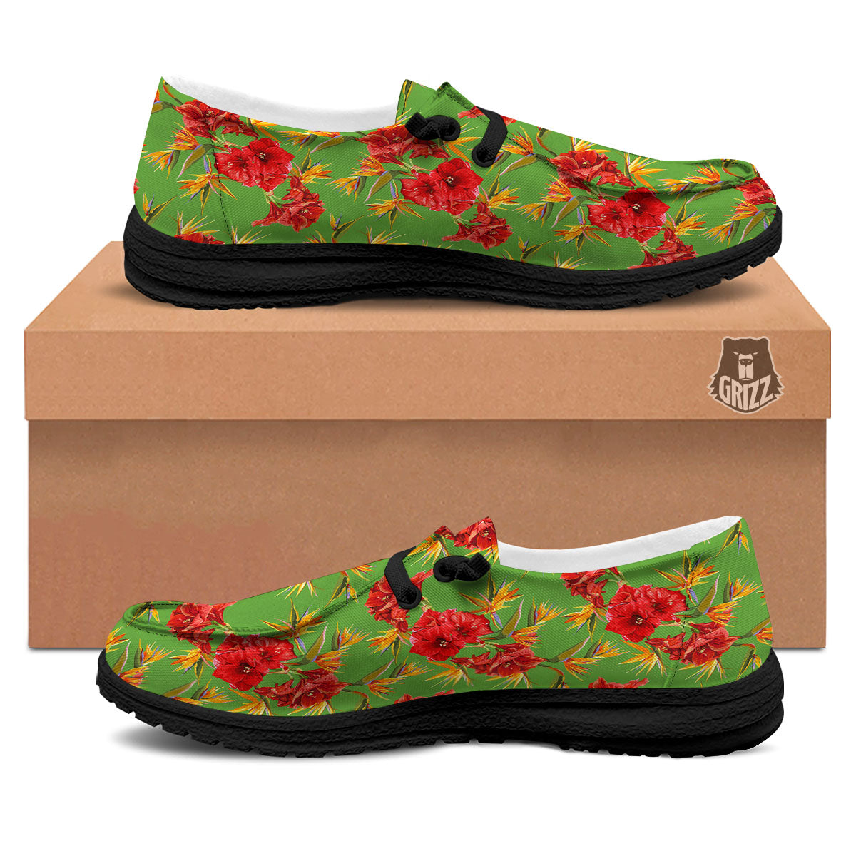 Japanese Amaryllis Yellow And Red Print Pattern Black Loafers-grizzshop
