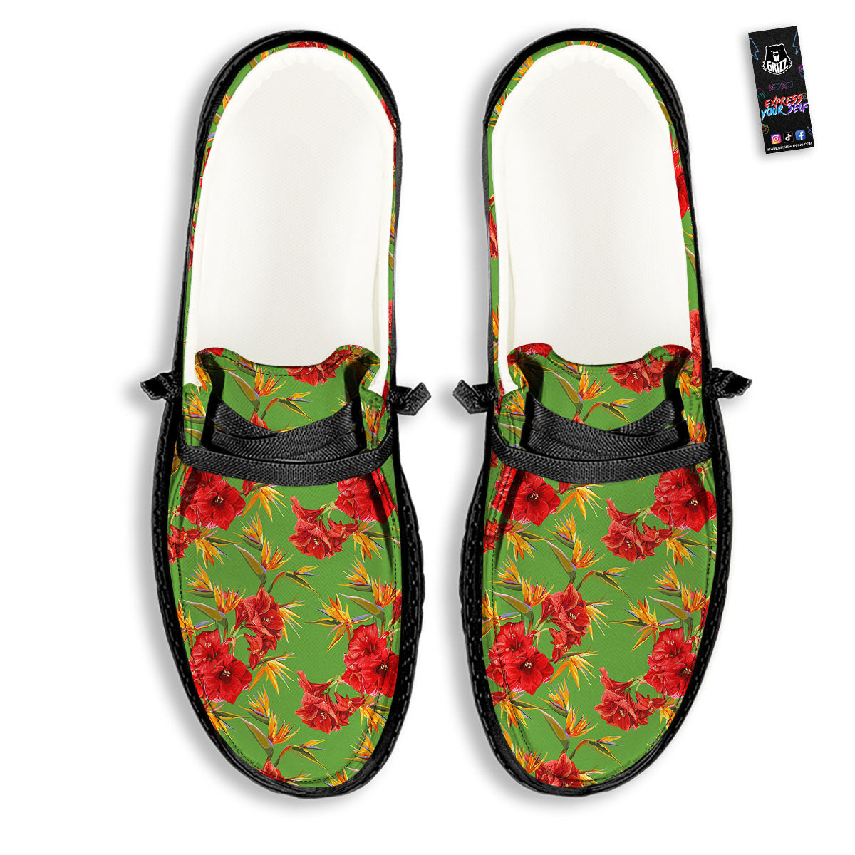 Japanese Amaryllis Yellow And Red Print Pattern Black Loafers-grizzshop