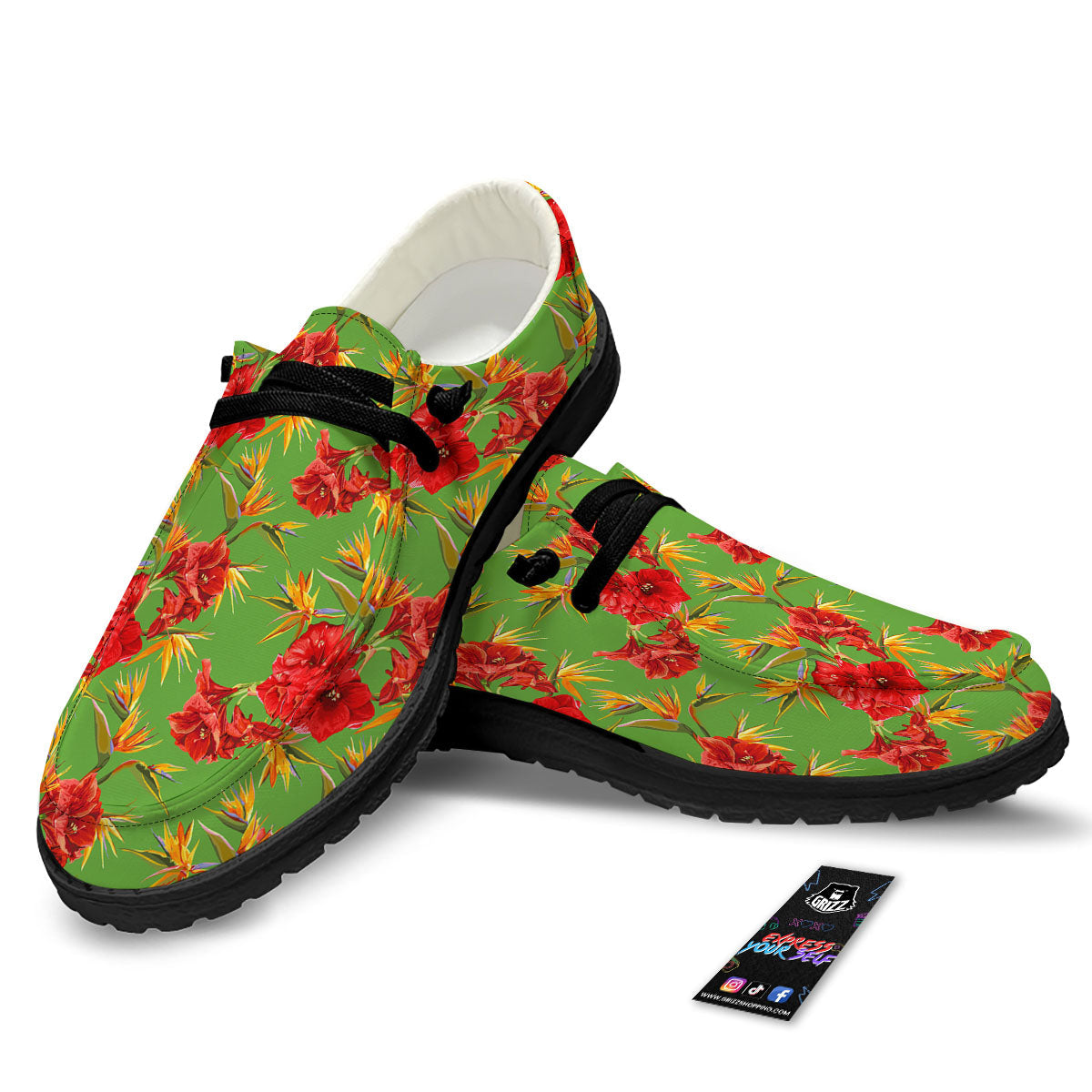 Japanese Amaryllis Yellow And Red Print Pattern Black Loafers-grizzshop