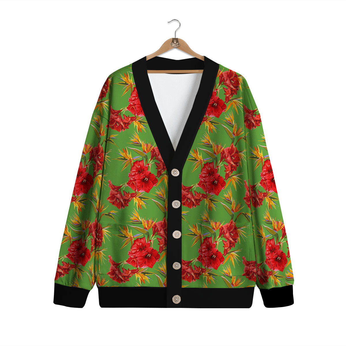 Japanese Amaryllis Yellow And Red Print Pattern Cardigan-grizzshop
