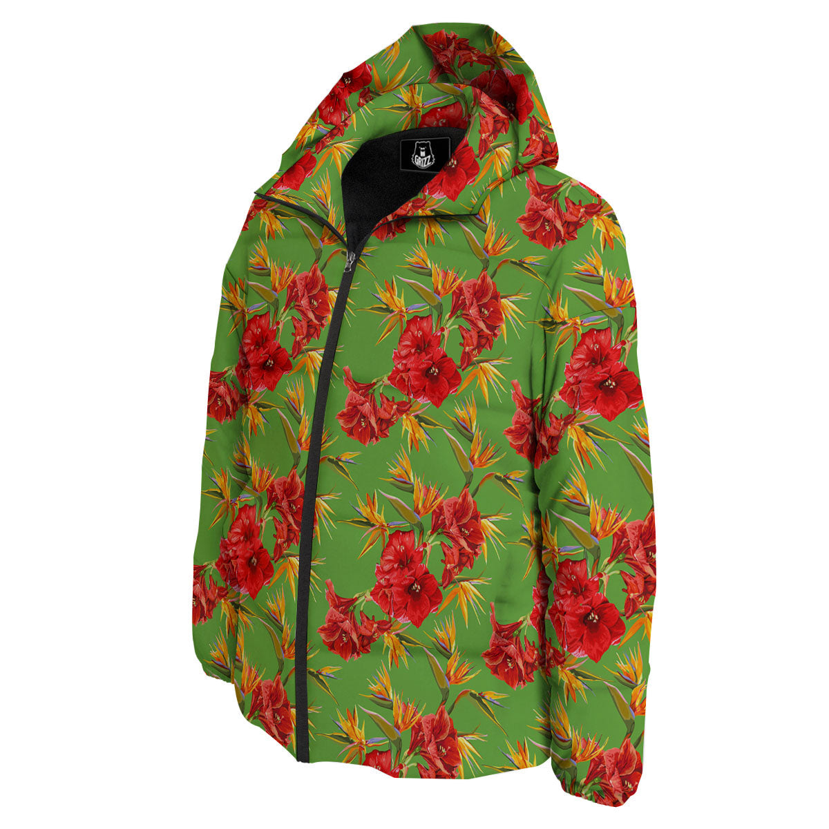 Japanese Amaryllis Yellow And Red Print Pattern Down Jacket-grizzshop