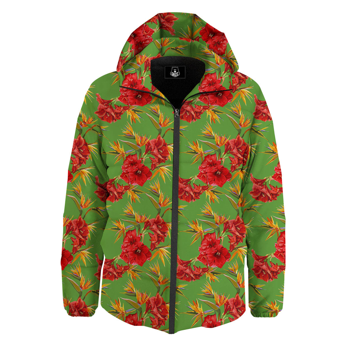 Japanese Amaryllis Yellow And Red Print Pattern Down Jacket-grizzshop