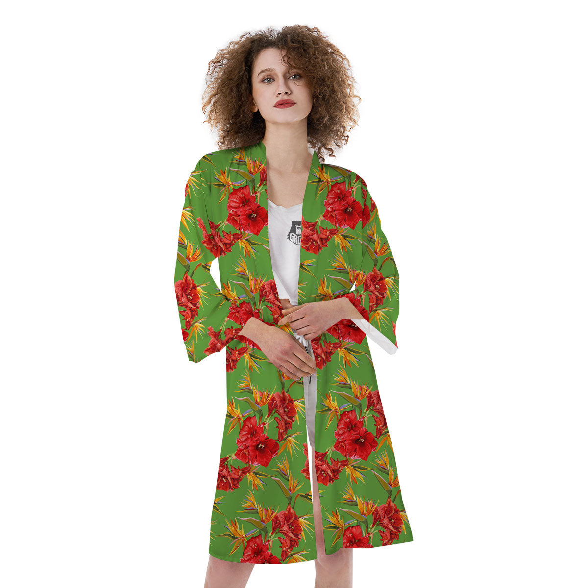 Japanese Amaryllis Yellow And Red Print Pattern Kimono-grizzshop