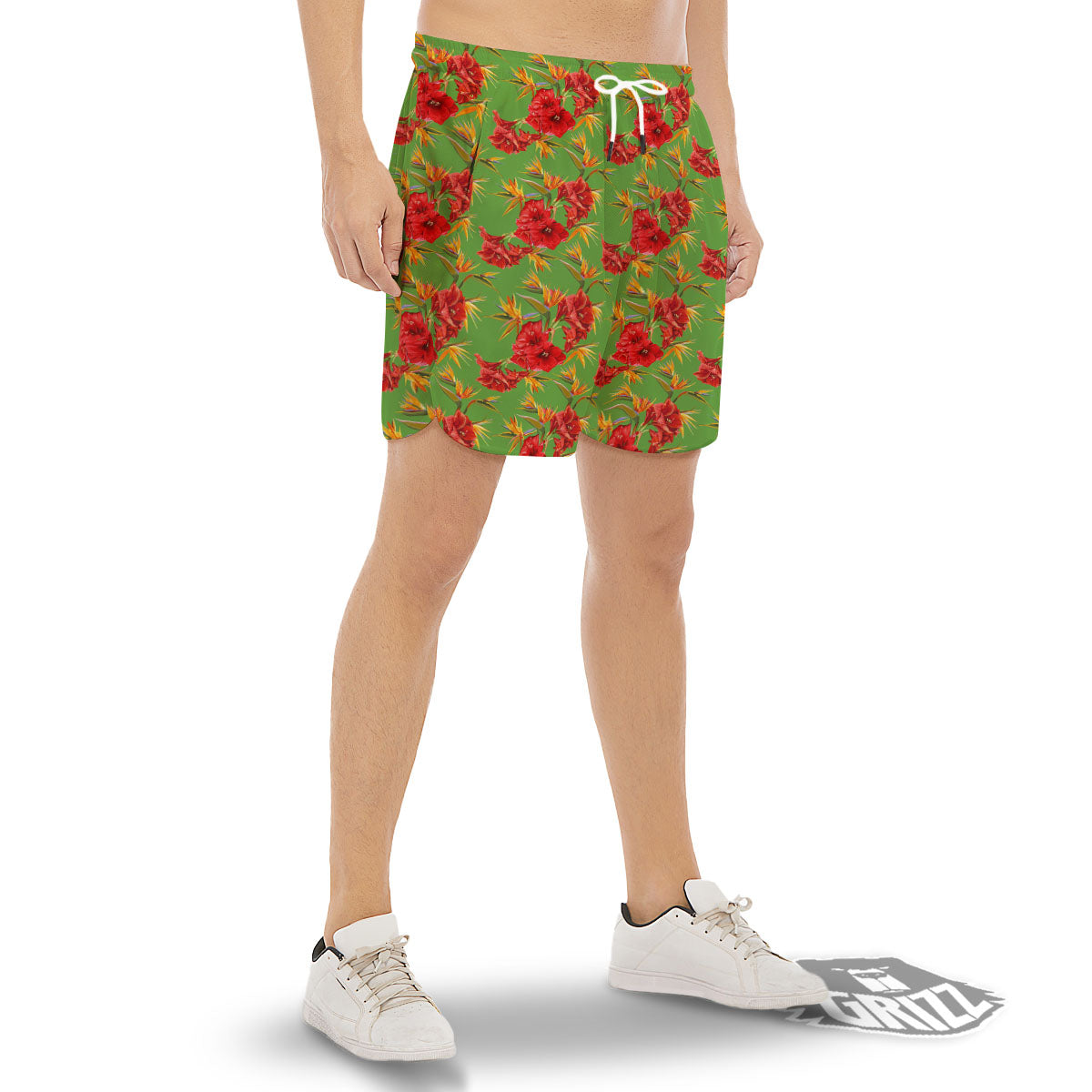 Japanese Amaryllis Yellow And Red Print Pattern Men's Gym Shorts-grizzshop
