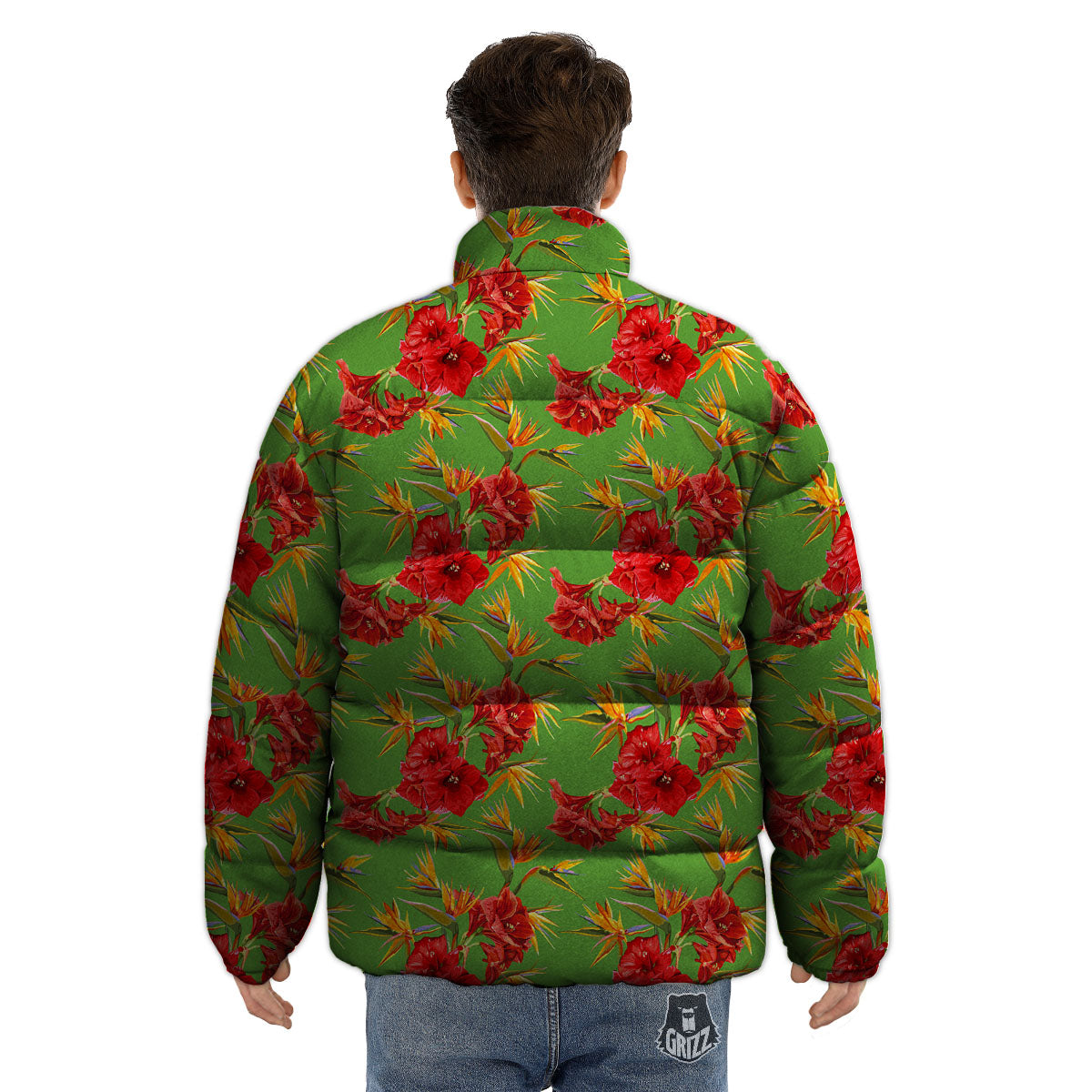 Japanese Amaryllis Yellow And Red Print Pattern Puffer Jacket-grizzshop