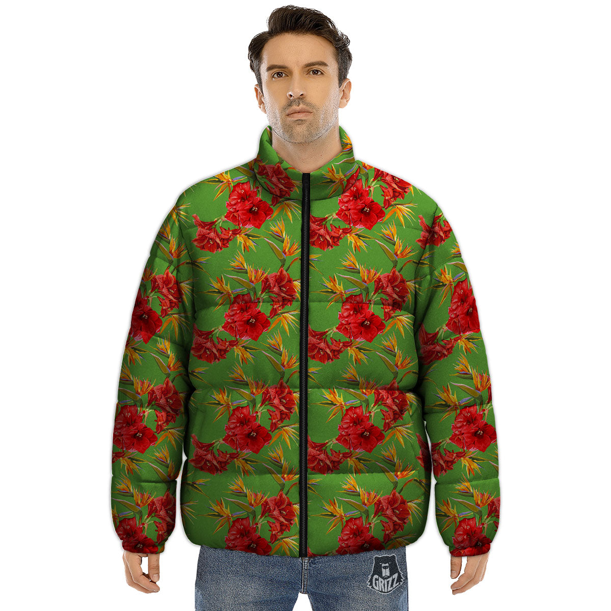 Japanese Amaryllis Yellow And Red Print Pattern Puffer Jacket-grizzshop